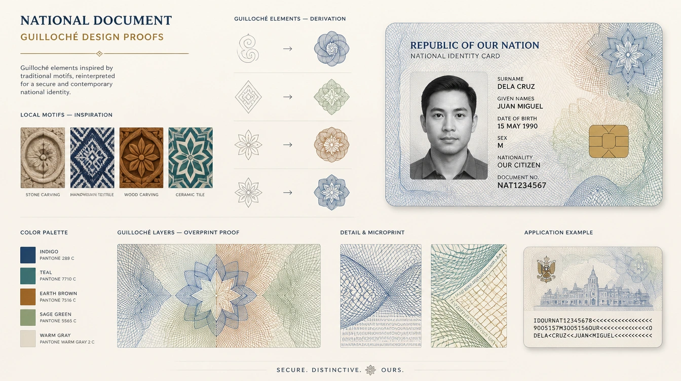 Design proofs for a national document showing guilloché artwork derived from local motifs