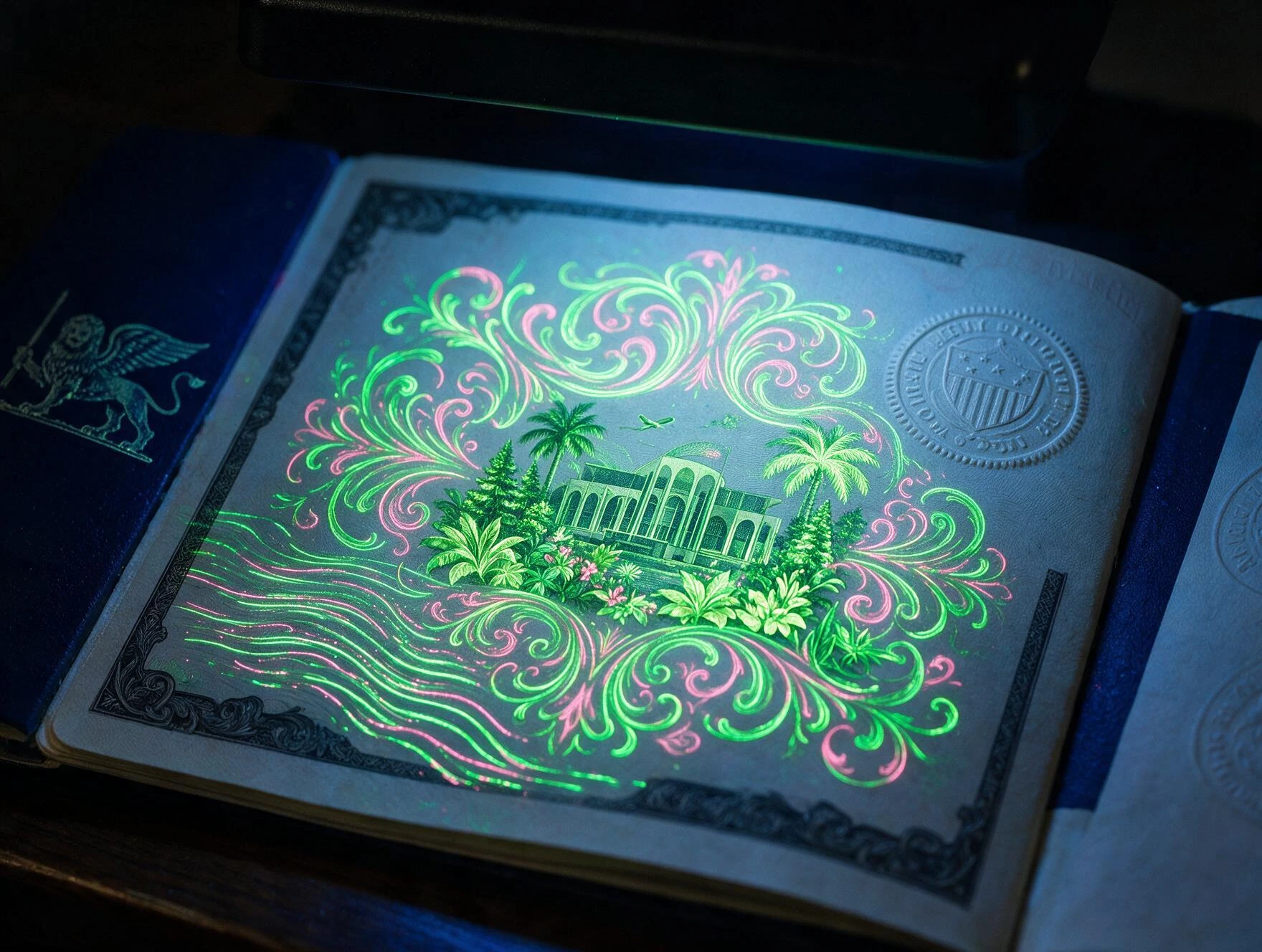 A document under ultraviolet light revealing a fluorescent pattern