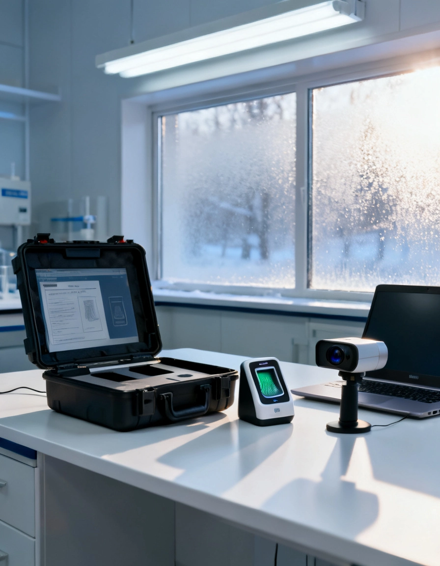 A field enrolment kit open on a table with a fingerprint scanner and iris camera