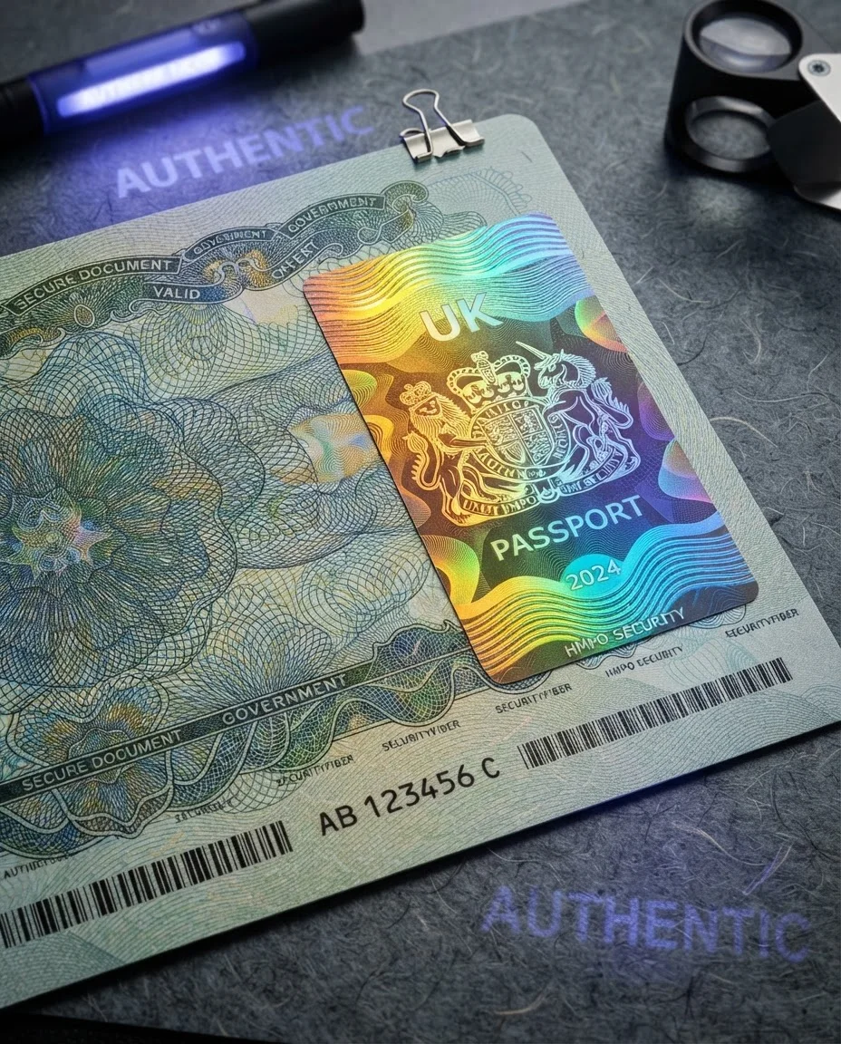 A sheet of security-printed material showing fine engraved patterns and a holographic overlay